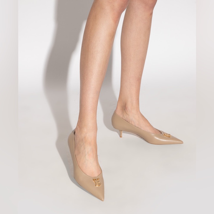 Burberry Ezra Leather 50 Kitten Heels Point Toe Chestnut W Gold Tb Buckle 38.5